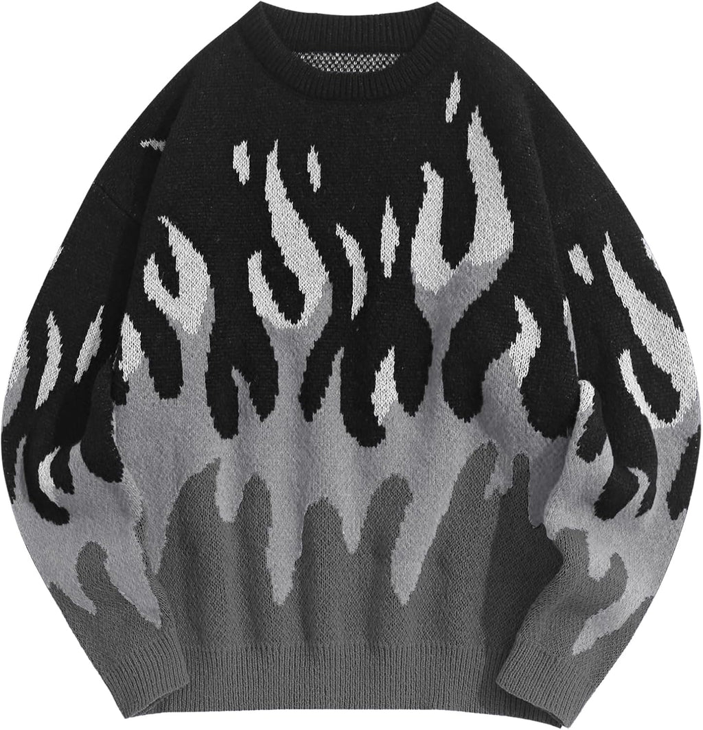 Men'S Oversized Sweater Y2K Aesthetic Flame Graphic Crewneck Knit Pullover Unisex Casual Sweaters