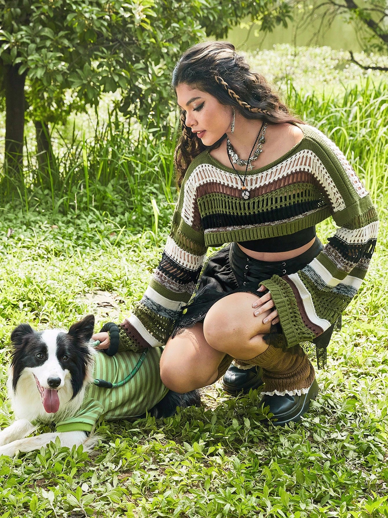 ROMWE Fairycore Summer Crochet Striped Pattern Drop Shoulder Crop Sweater, School,Long Sleeve Tops