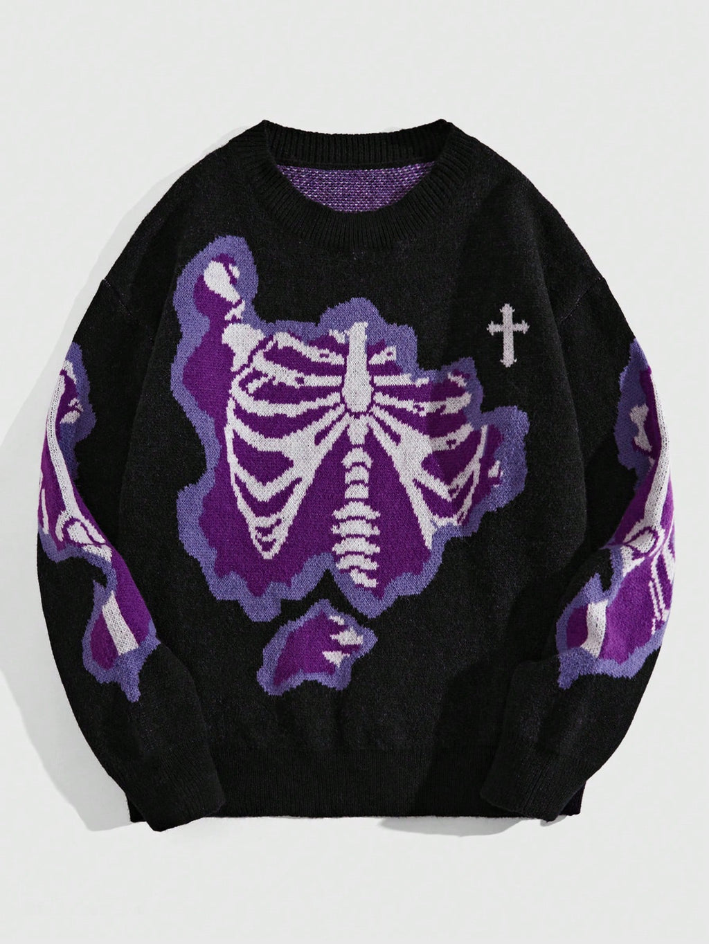 ROMWE MEN Grunge Punk Men Cross & Skeleton Pattern Pullover Sweater for Halloween, School, for Fall Winter, Grunge Style