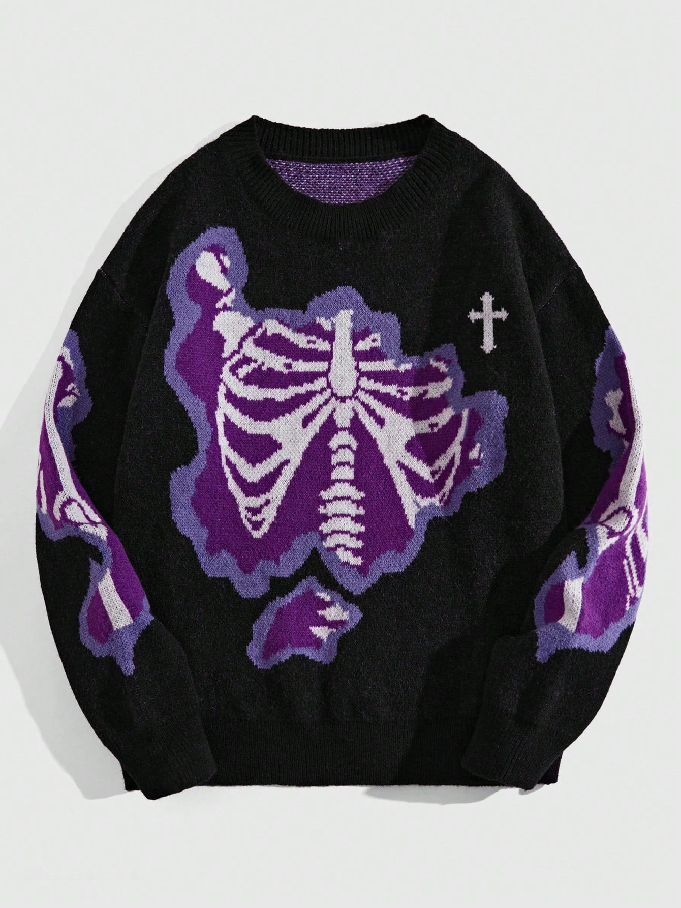 ROMWE MEN Grunge Punk Men Cross & Skeleton Pattern Pullover Sweater for Halloween, School, for Fall Winter, Grunge Style