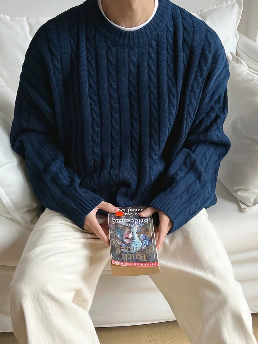 BAI YUE Fashion Lethargic Style Thick Twisted Button Rope Drop Shoulder round Neck Sweater Men'S Sweater, Back to School Clothes, Suitable for Commuting, New Fall and Winter