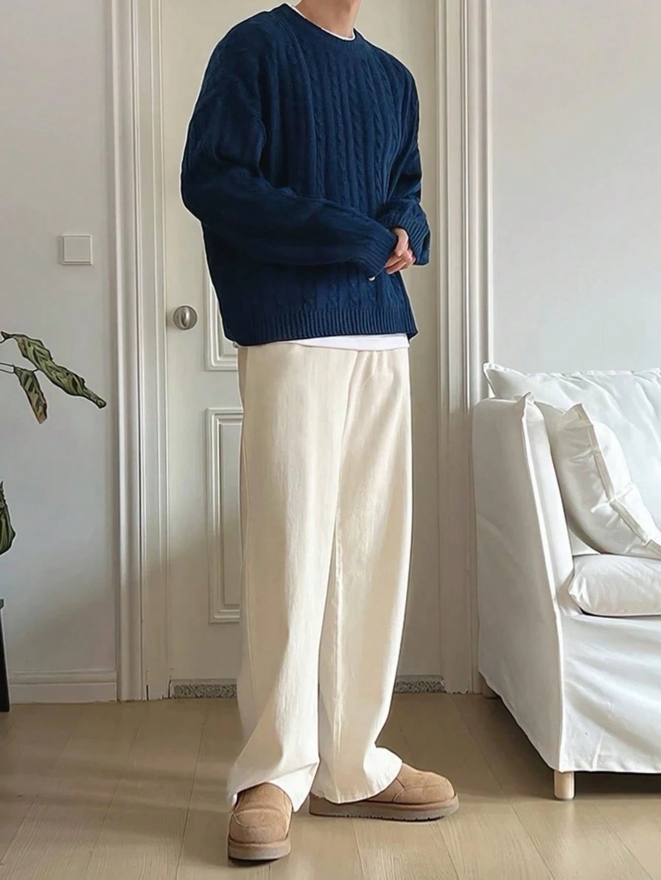 BAI YUE Fashion Lethargic Style Thick Twisted Button Rope Drop Shoulder round Neck Sweater Men'S Sweater, Back to School Clothes, Suitable for Commuting, New Fall and Winter