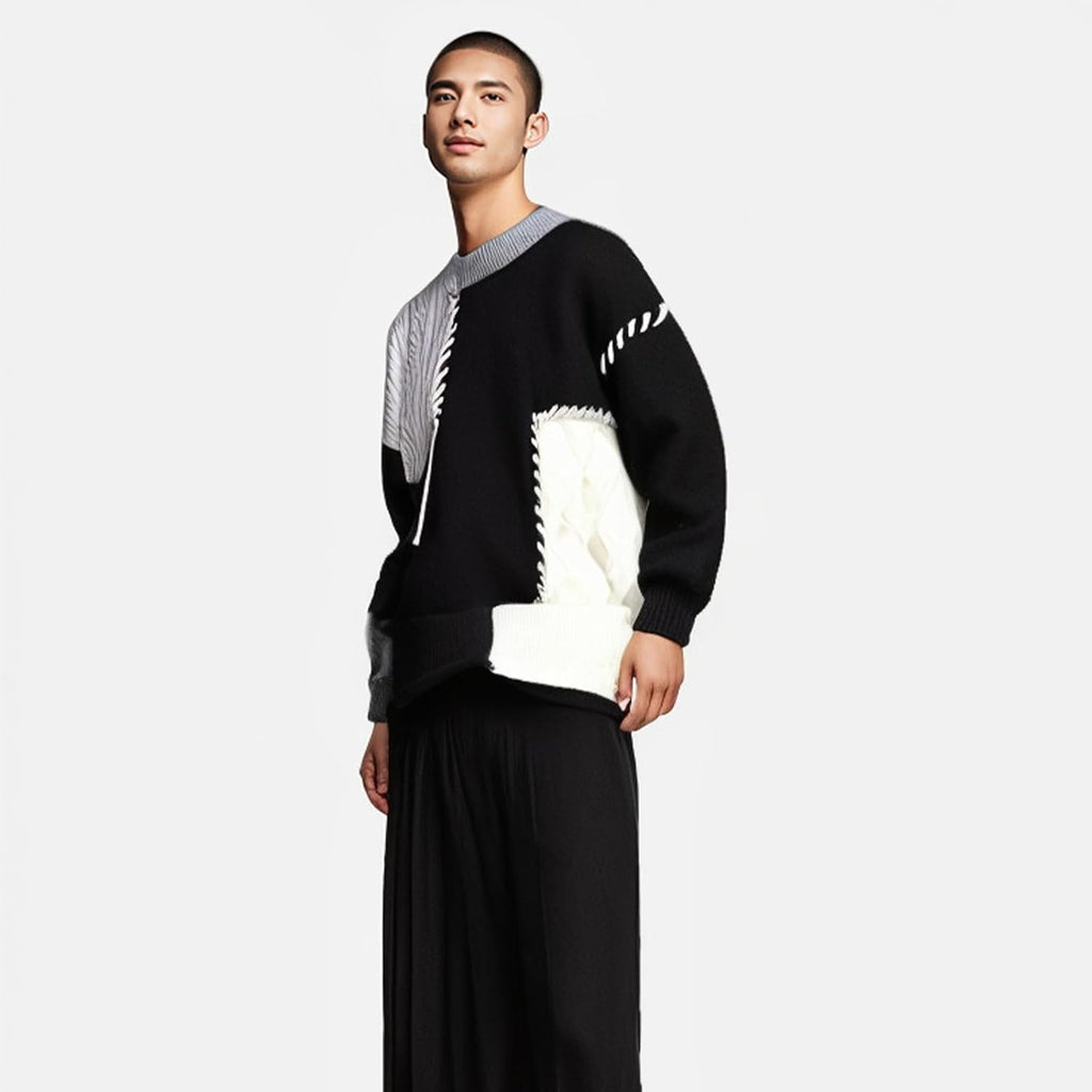 Patchwork Sweater Mens Colorblock Jumper Cable Knitted Pullover Oversized