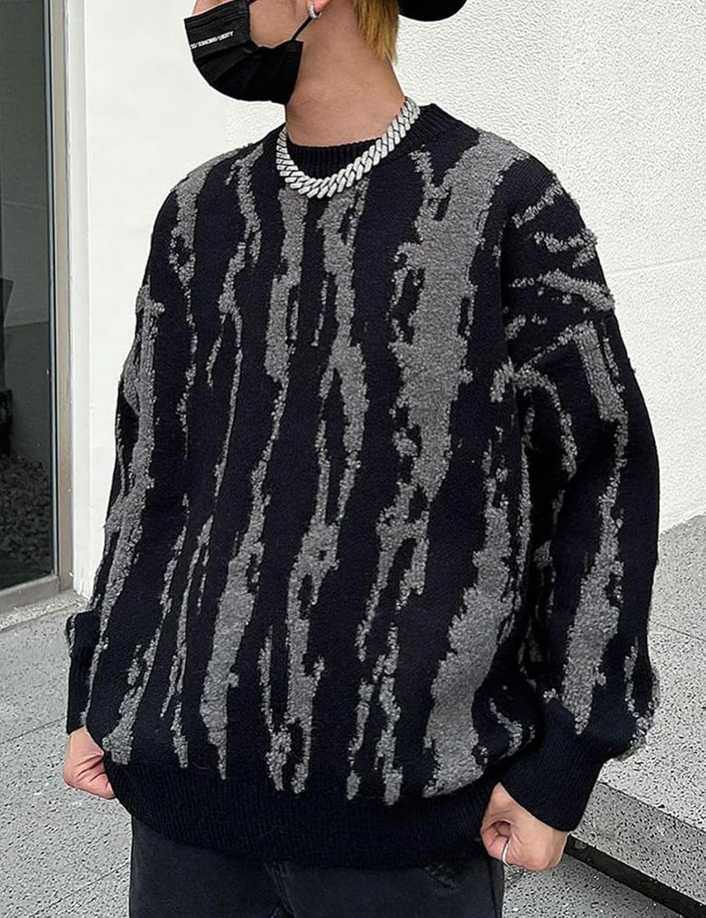 Mens Oversized Sweaters Y2K Aesthetic Flame Graphic Crewneck Knitted Casual Pullover Long Sleeve Jumpers