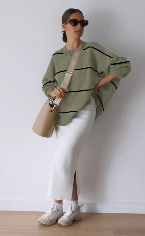 Women'S Oversized Crewneck Sweaters Batwing Long Sleeve Side Slit Ribbed Knit Pullover Sweater Tops