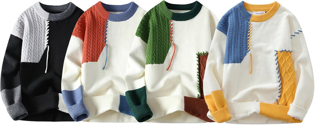 Patchwork Sweater Mens Colorblock Jumper Cable Knitted Pullover Oversized