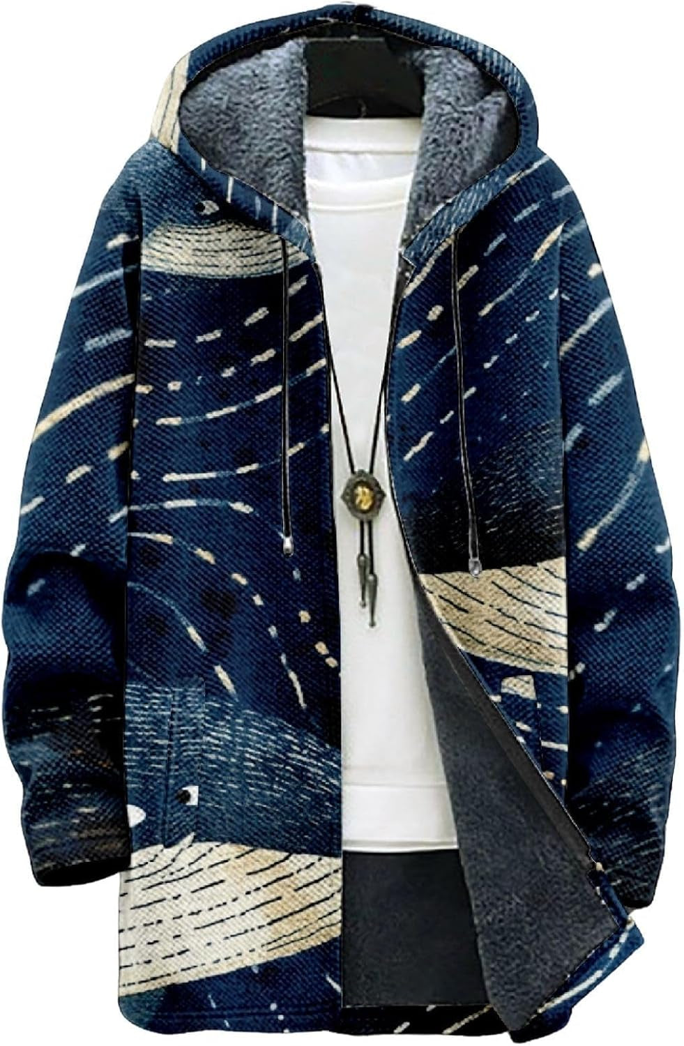 2025 Men'S Ethnic Pattern Hooded Jacket Long Cardigan Hoodies Full Zip Vintage Knitted Zipper Coat with Pocket