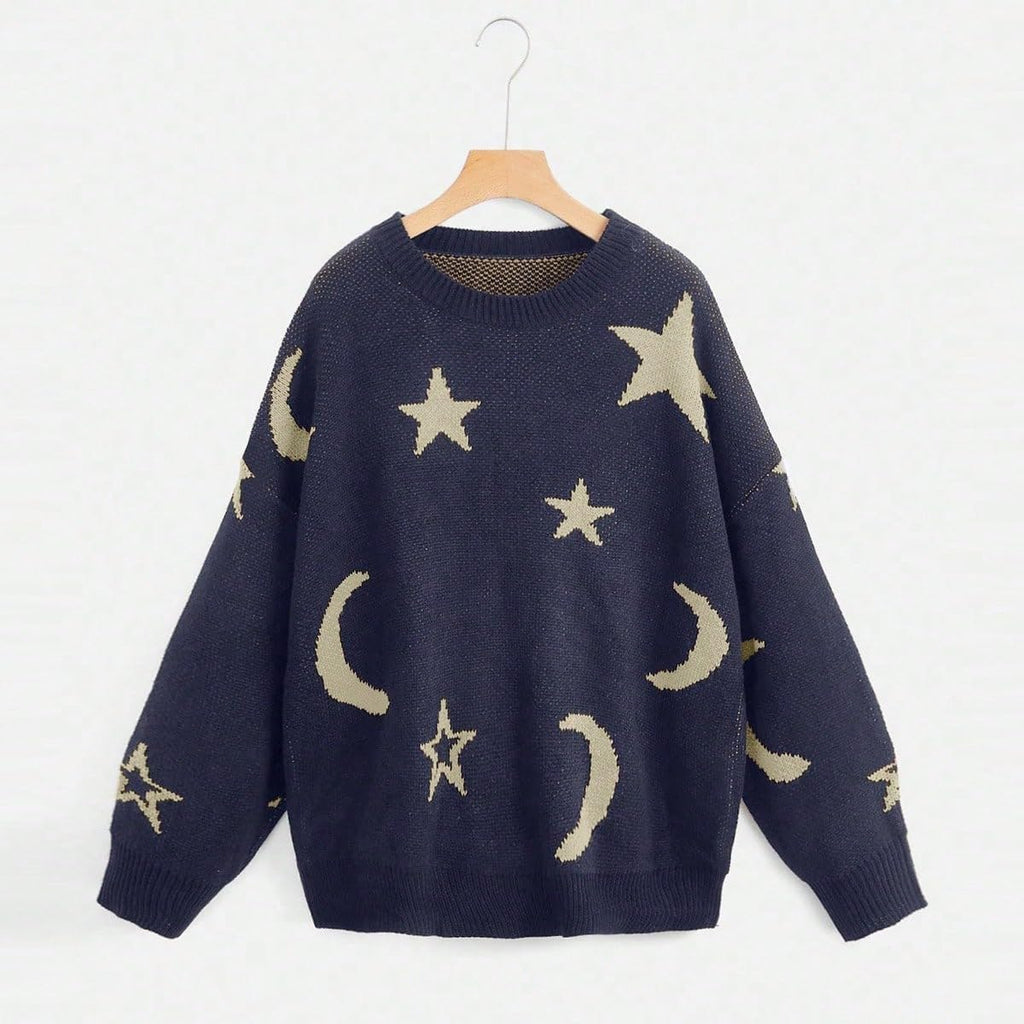 Women'S Star Moon Print Long Sleeve Sweater round Neck Knitted Pullovers Top