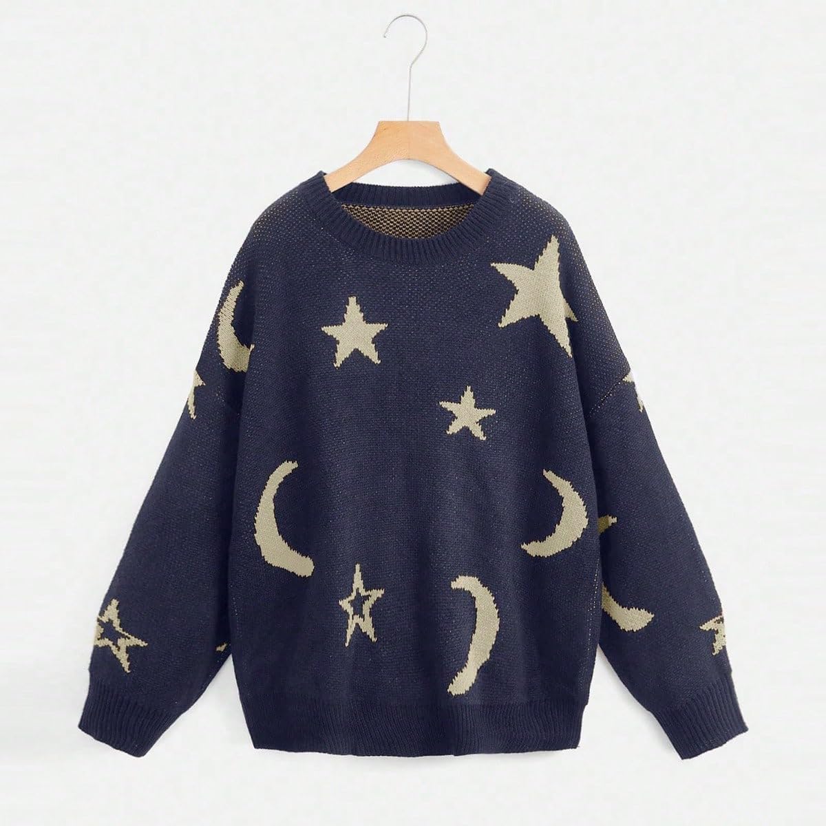 Women'S Star Moon Print Long Sleeve Sweater round Neck Knitted Pullovers Top