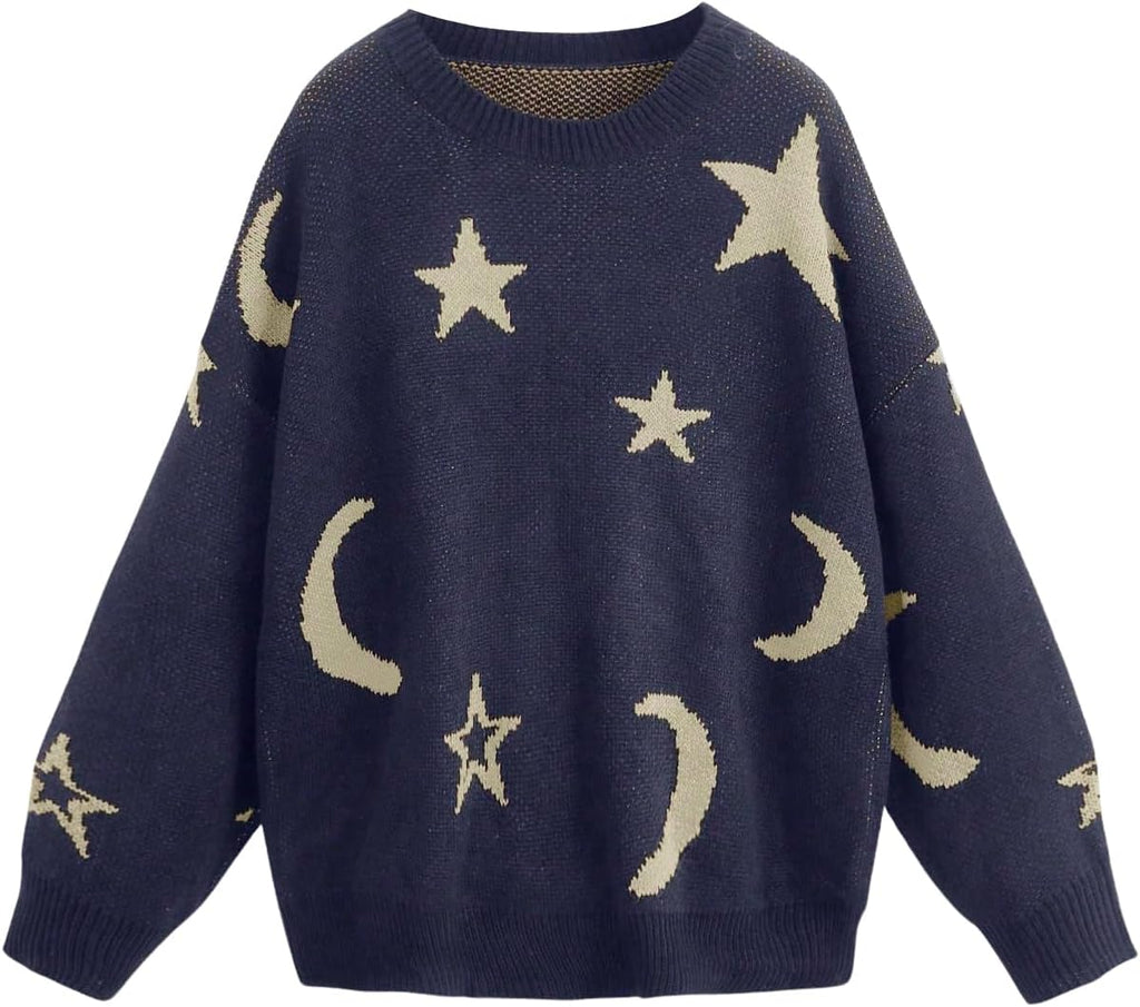 Women'S Star Moon Print Long Sleeve Sweater round Neck Knitted Pullovers Top