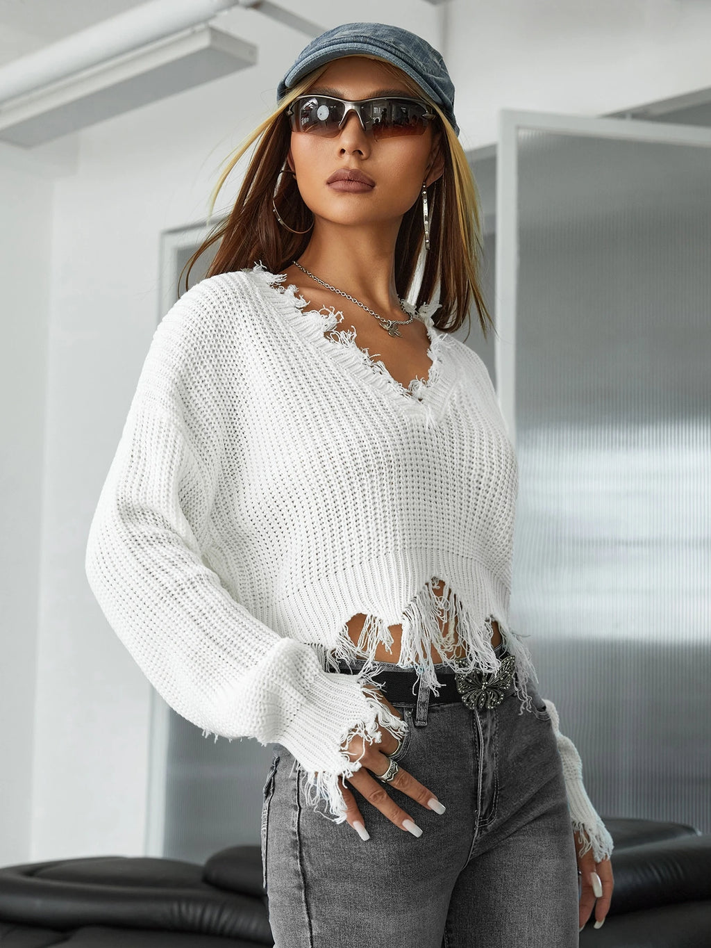 ICON Spring White Distressed Trim Drop Shoulder Crop Sweater in Fall/Winter