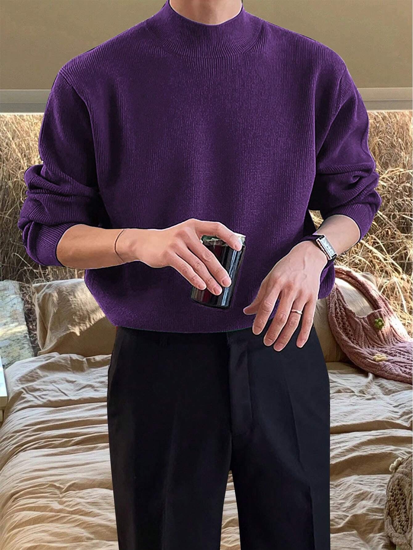 Claim Dot Men'S Casual Everyday Simple Solid Color Ribbed Knit Sweater, Autumn/Winter, for Christmas