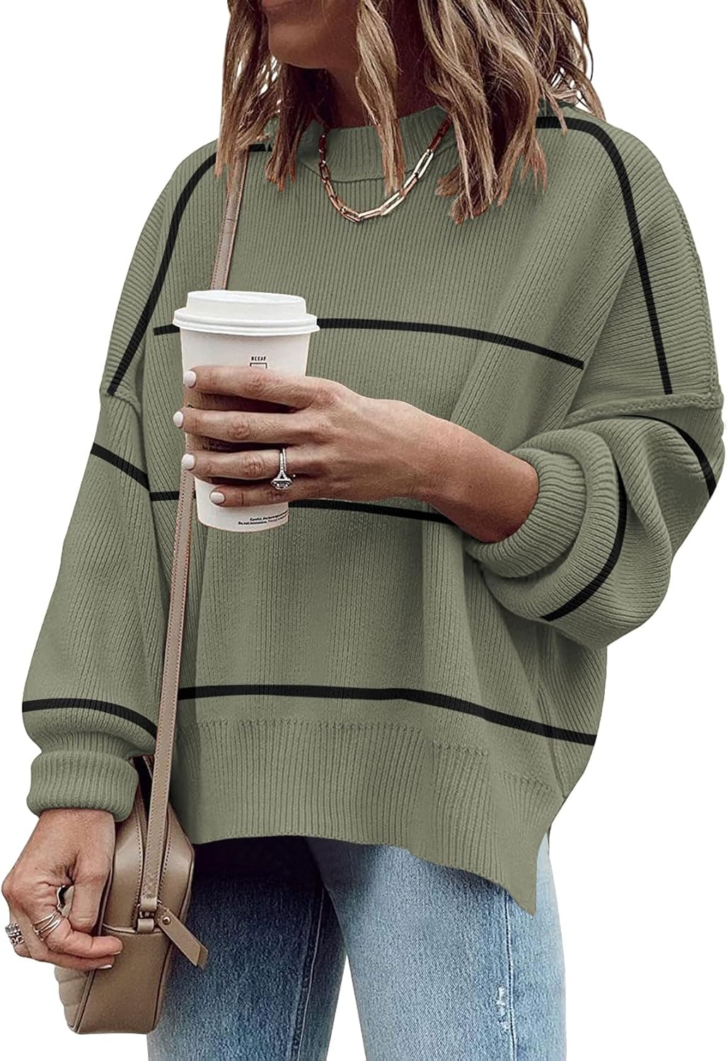 Women'S Oversized Crewneck Sweaters Batwing Long Sleeve Side Slit Ribbed Knit Pullover Sweater Tops
