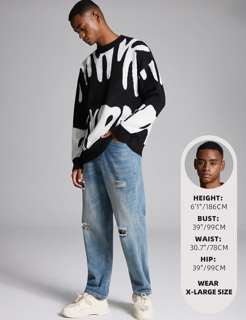 Men'S Oversized Sweater Graphic Knit Aesthetic Crewneck Streetwear Pullover Jumper Tops