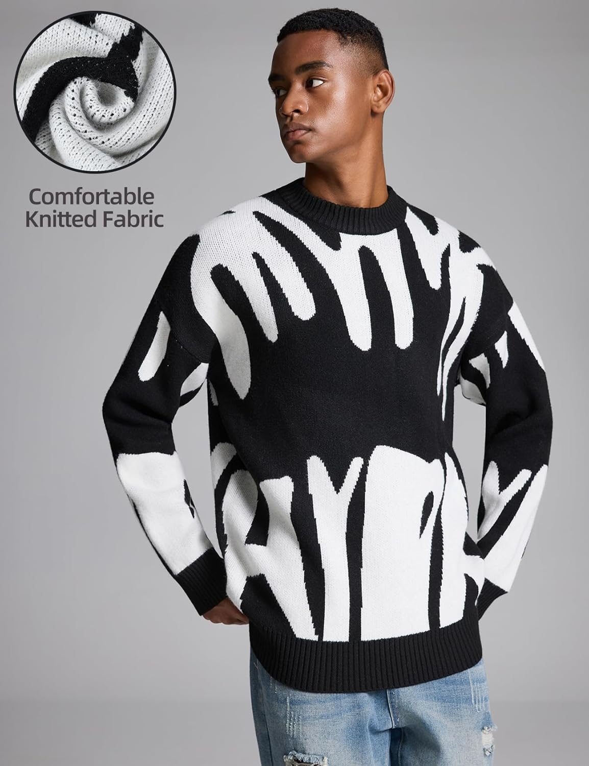 Men'S Oversized Sweater Graphic Knit Aesthetic Crewneck Streetwear Pullover Jumper Tops