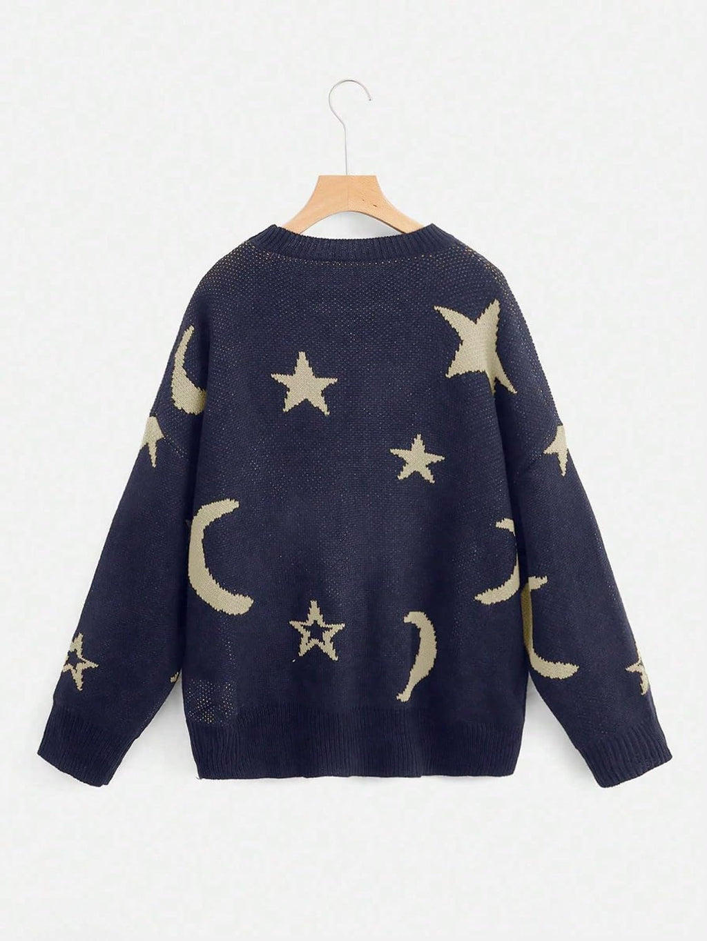 Women'S Star Moon Print Long Sleeve Sweater round Neck Knitted Pullovers Top