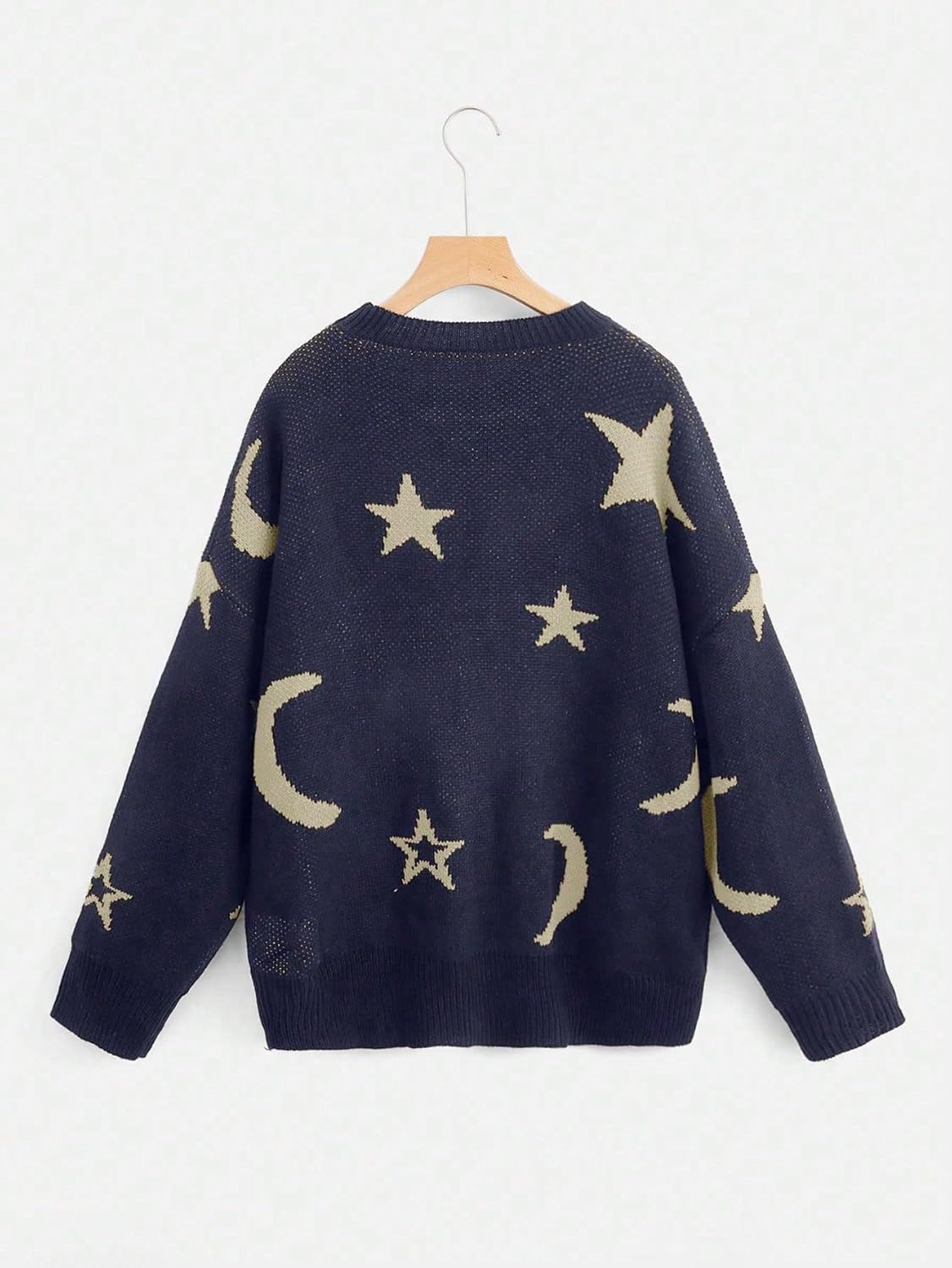 Women'S Star Moon Print Long Sleeve Sweater round Neck Knitted Pullovers Top