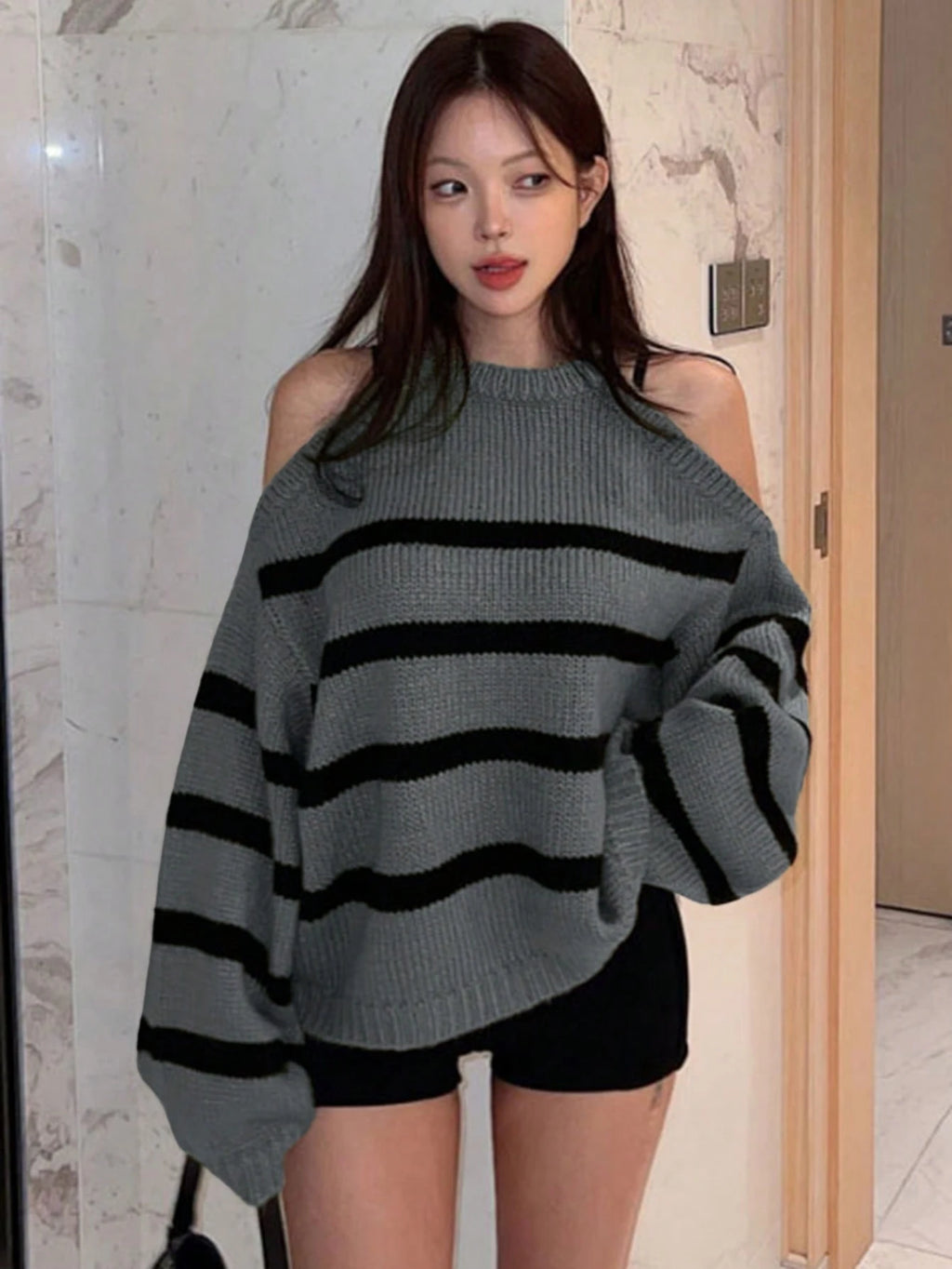 DAZY Women'S Cold-Shoulder Striped Sweater,Long Sleeve Tops,Fall Clothes