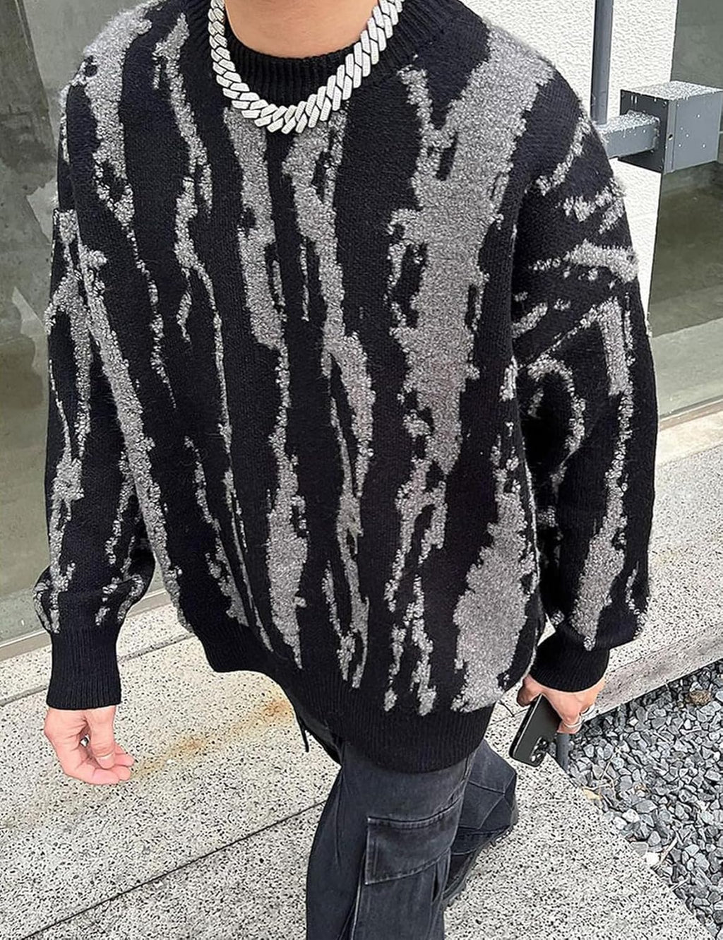 Mens Oversized Sweaters Y2K Aesthetic Flame Graphic Crewneck Knitted Casual Pullover Long Sleeve Jumpers