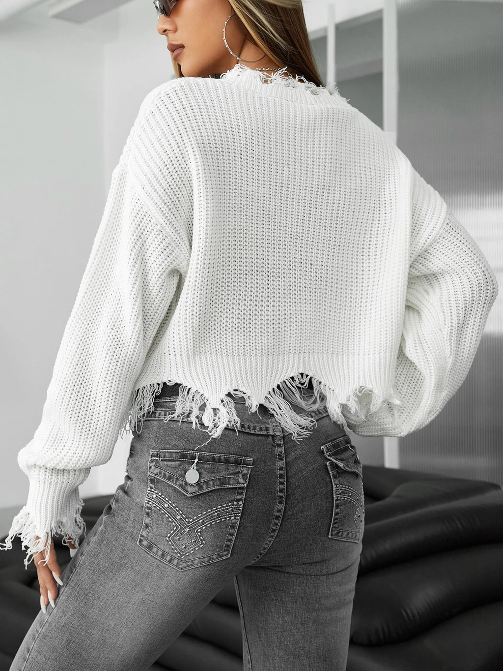 ICON Spring White Distressed Trim Drop Shoulder Crop Sweater in Fall/Winter