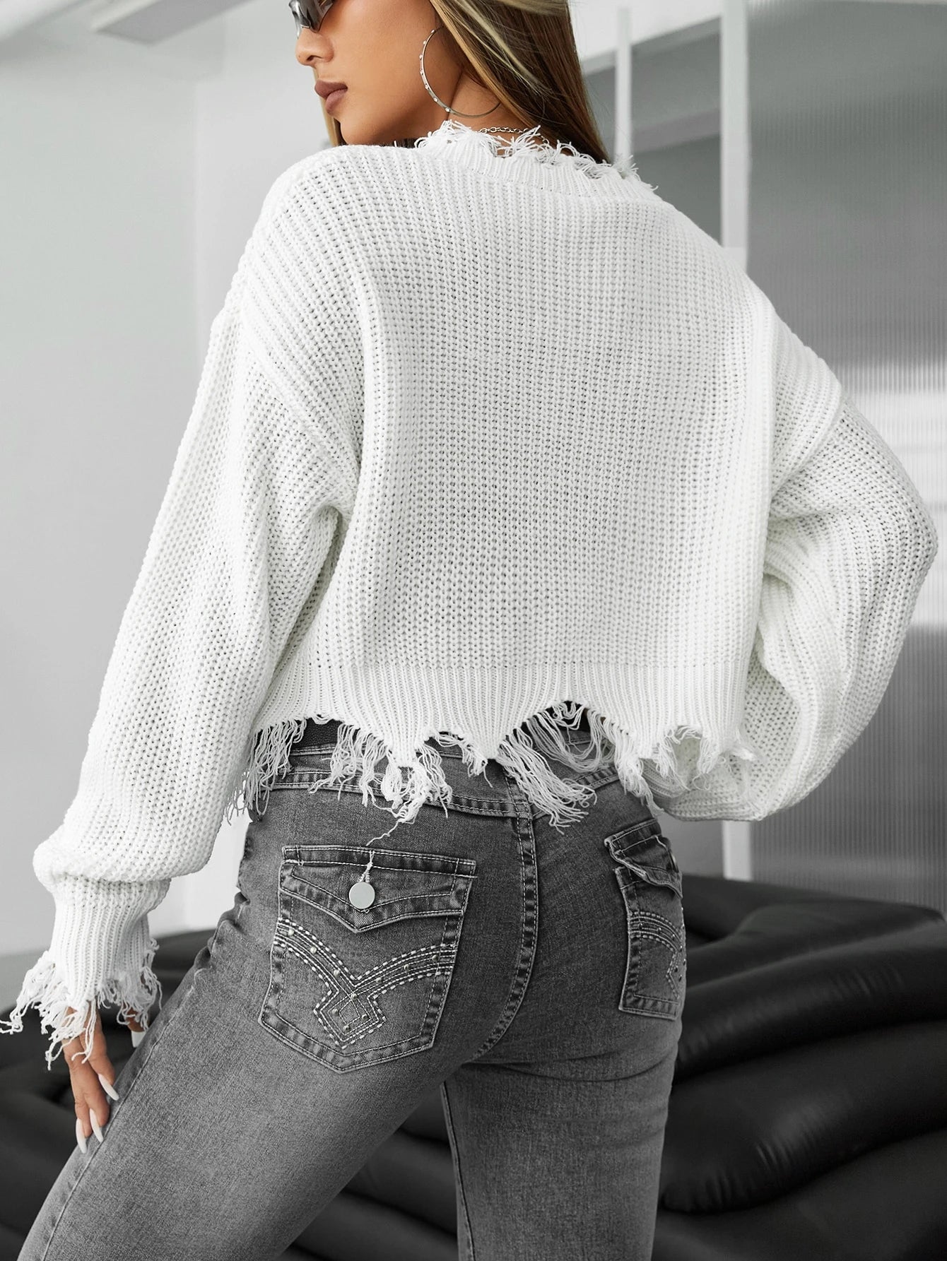 ICON Spring White Distressed Trim Drop Shoulder Crop Sweater in Fall/Winter