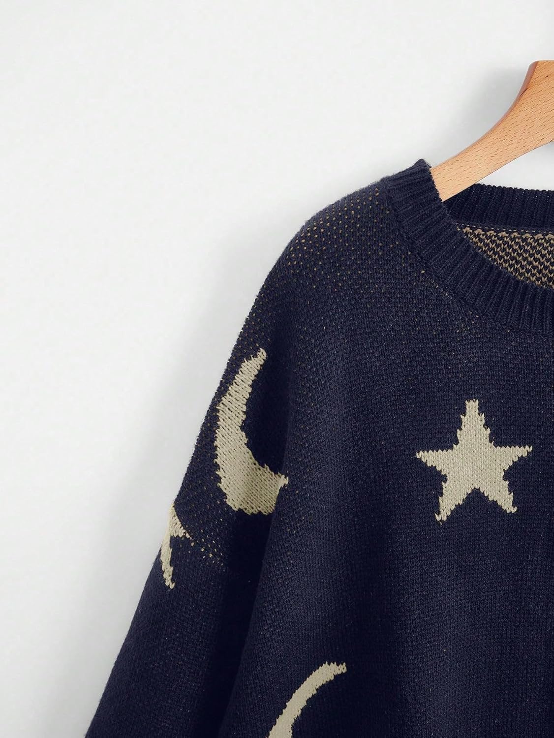 Women'S Star Moon Print Long Sleeve Sweater round Neck Knitted Pullovers Top