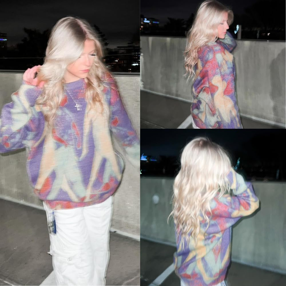 Neon Color Block Knit Sweater Casual Oversized Pullover