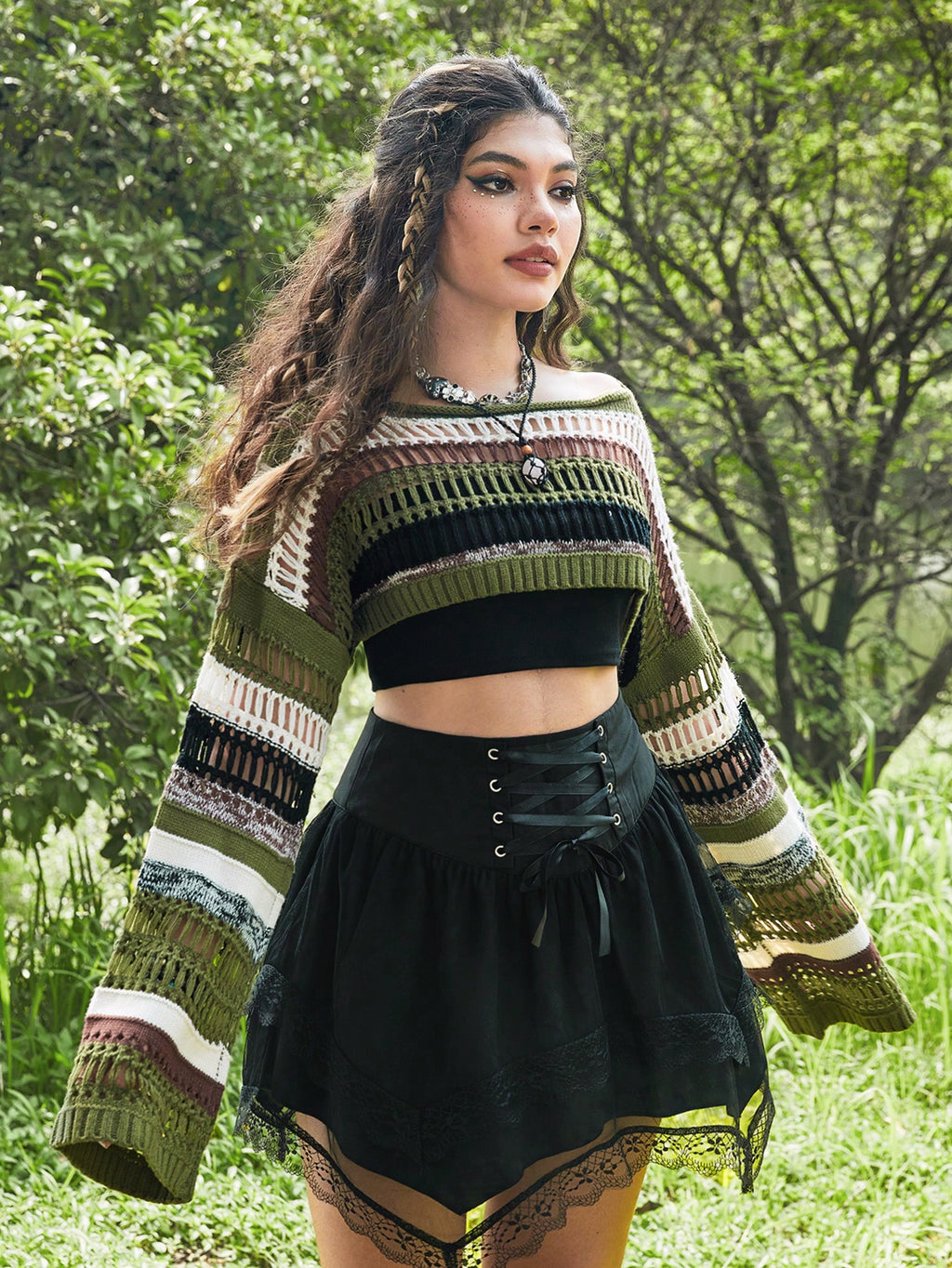 ROMWE Fairycore Summer Crochet Striped Pattern Drop Shoulder Crop Sweater, School,Long Sleeve Tops