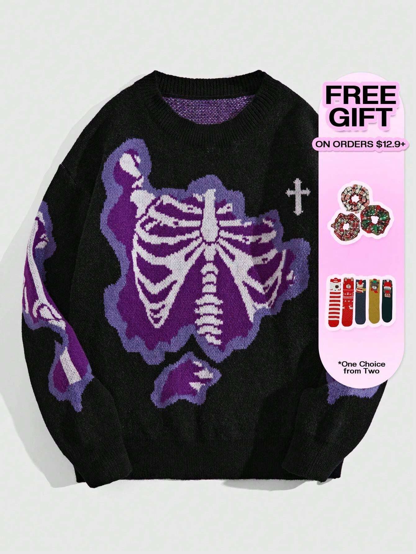 ROMWE MEN Grunge Punk Men Cross & Skeleton Pattern Pullover Sweater for Halloween, School, for Fall Winter, Grunge Style