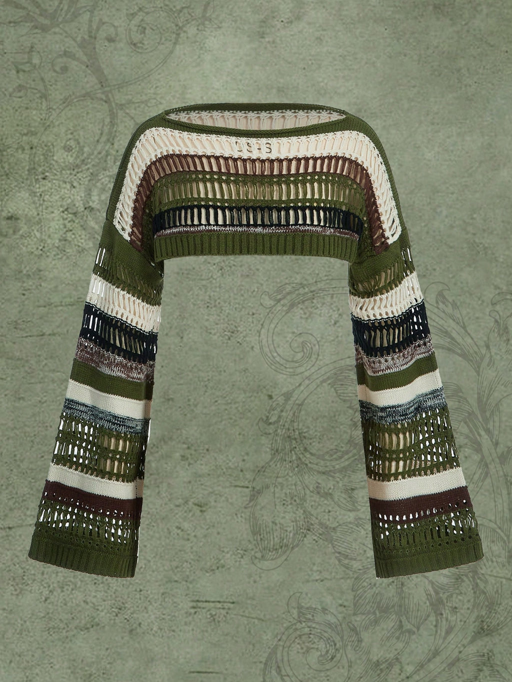 ROMWE Fairycore Summer Crochet Striped Pattern Drop Shoulder Crop Sweater, School,Long Sleeve Tops