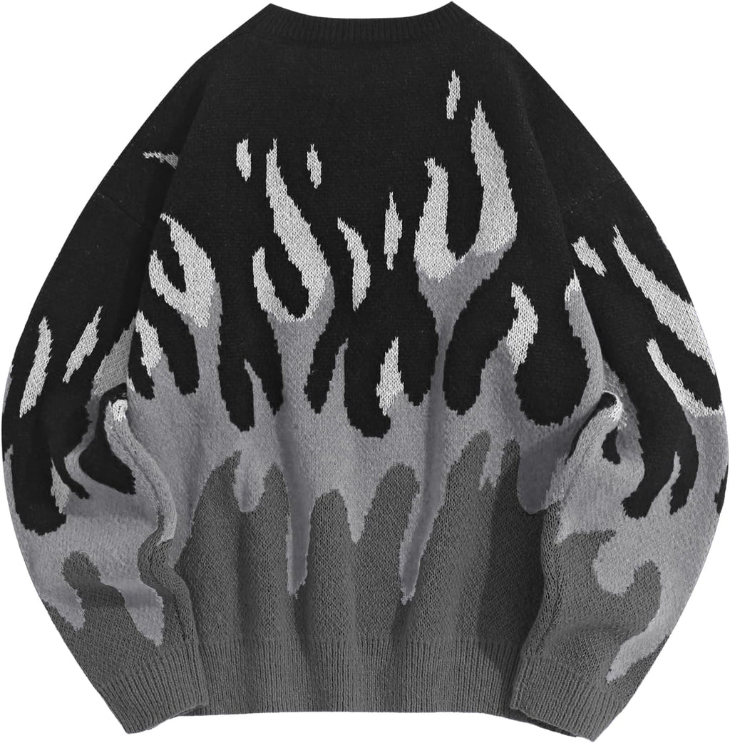 Men'S Oversized Sweater Y2K Aesthetic Flame Graphic Crewneck Knit Pullover Unisex Casual Sweaters