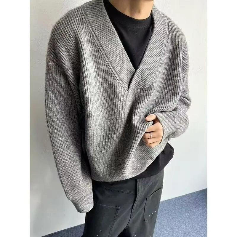 American Retro Solid Color V-Neck Fashion Loose Gray Sweater Men New High Street Fashion Brand Y2K Casual Punk Sweater Women