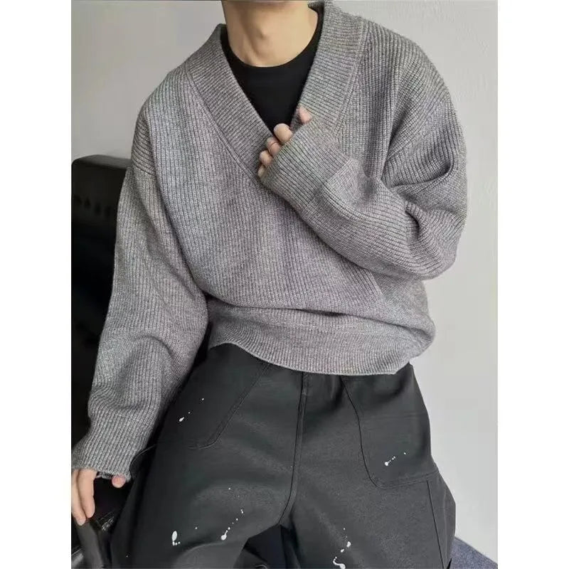 American Retro Solid Color V-Neck Fashion Loose Gray Sweater Men New High Street Fashion Brand Y2K Casual Punk Sweater Women