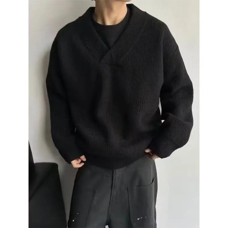 American Retro Solid Color V-Neck Fashion Loose Gray Sweater Men New High Street Fashion Brand Y2K Casual Punk Sweater Women