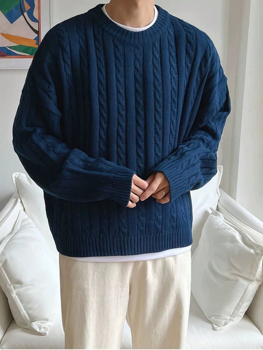 BAI YUE Fashion Lethargic Style Thick Twisted Button Rope Drop Shoulder round Neck Sweater Men'S Sweater, Back to School Clothes, Suitable for Commuting, New Fall and Winter