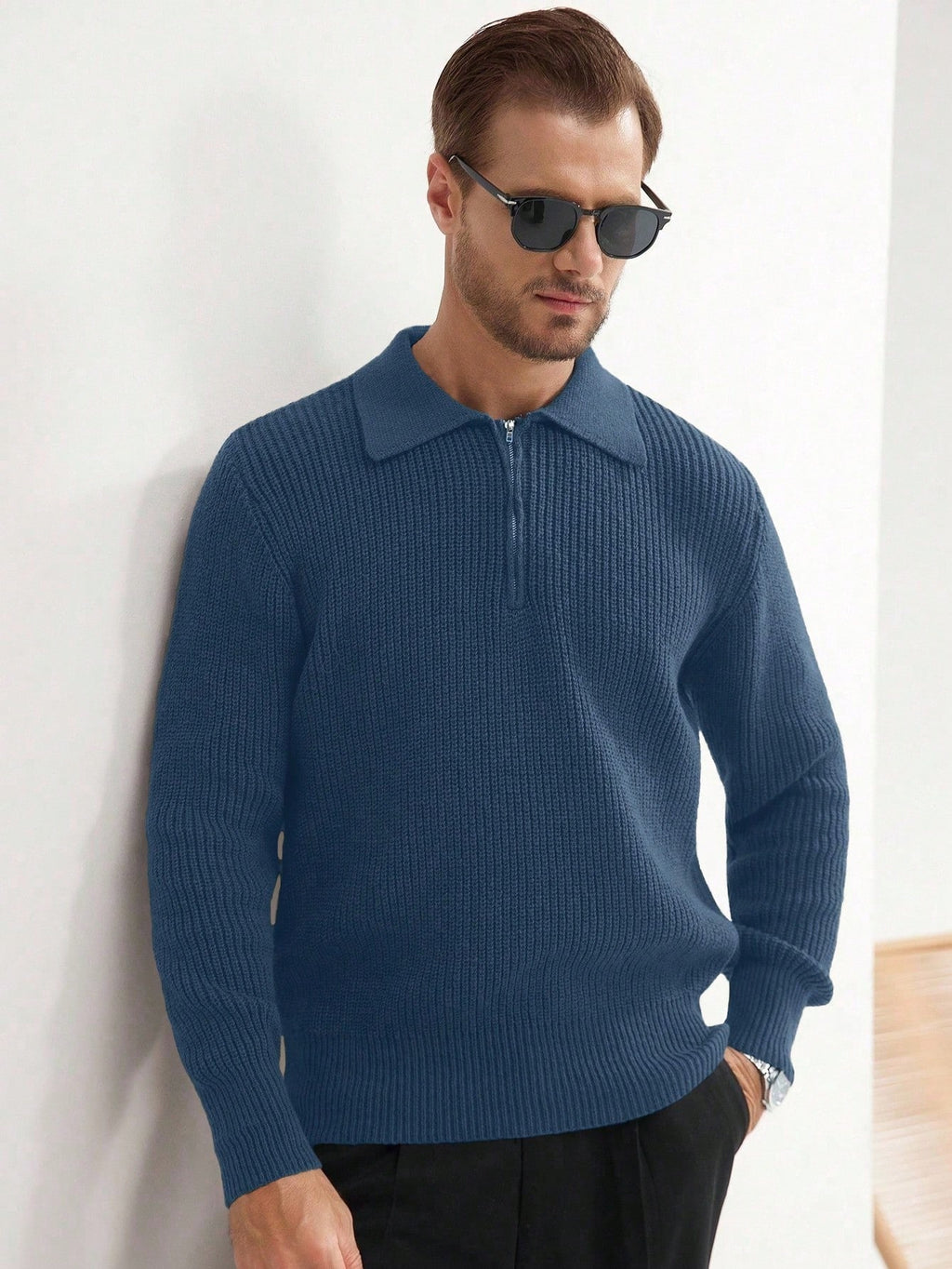 Claim Dot Men'S Solid Color Half-Zipper Collar Sweater, Fall/Winter