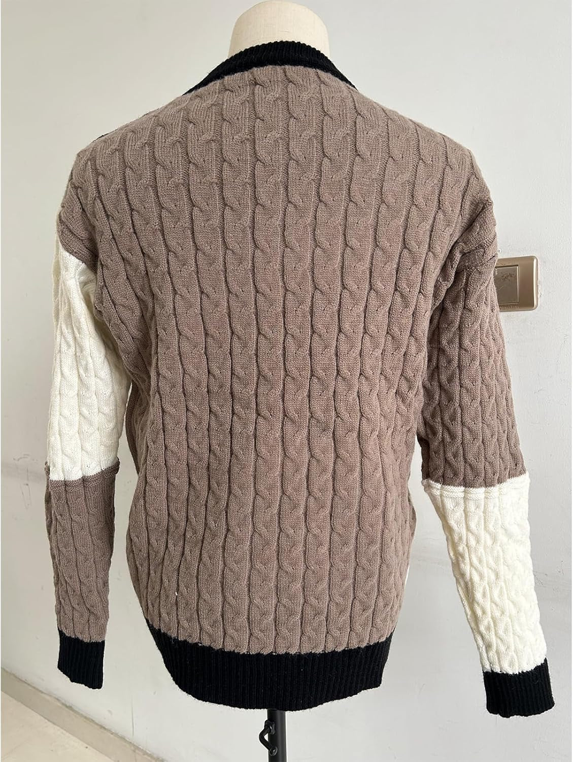 Mens Patchwork Sweater Colorblock Knit Jumper Vintage Cable Knitted Pullover Sweater