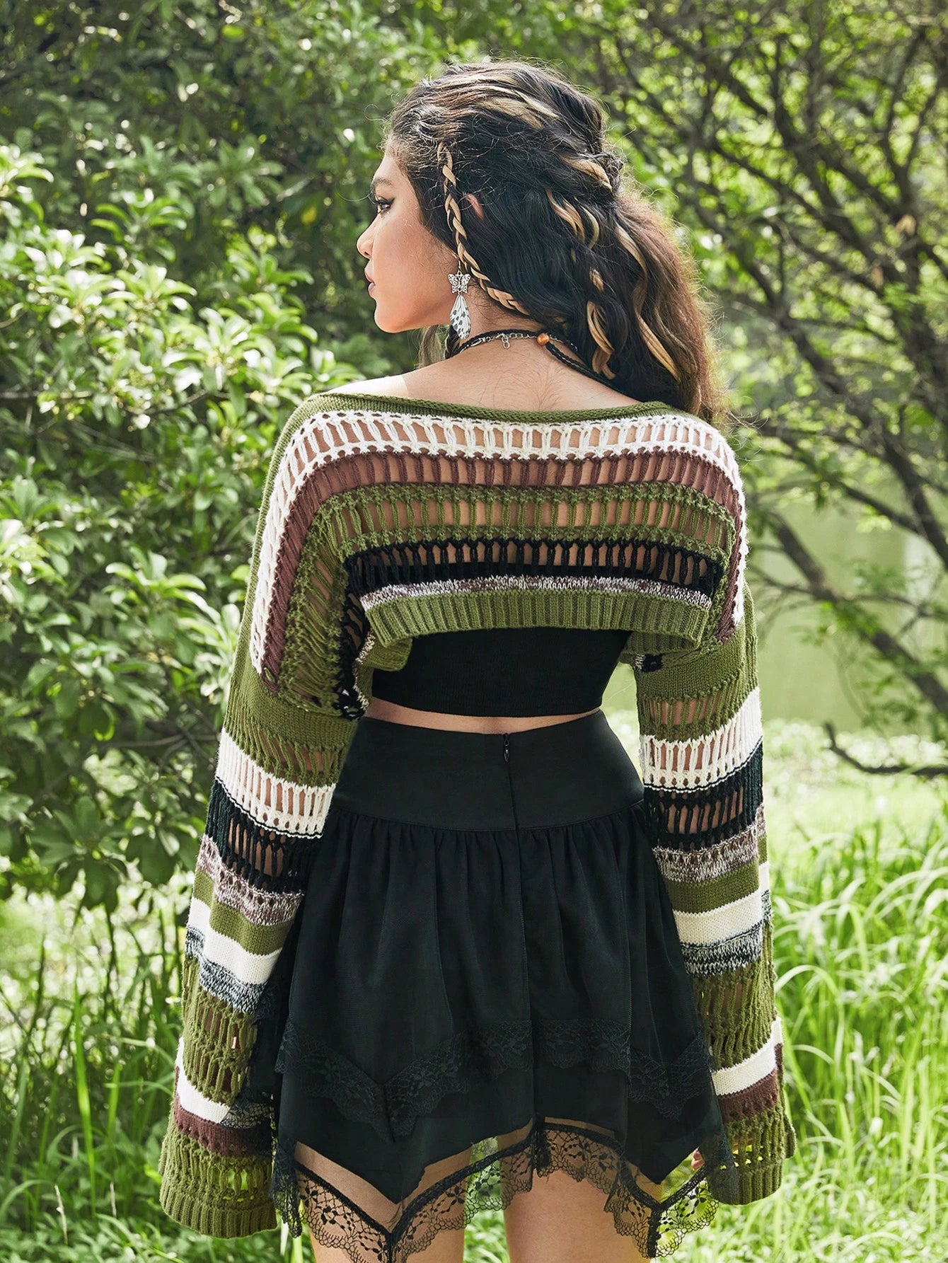 ROMWE Fairycore Summer Crochet Striped Pattern Drop Shoulder Crop Sweater, School,Long Sleeve Tops