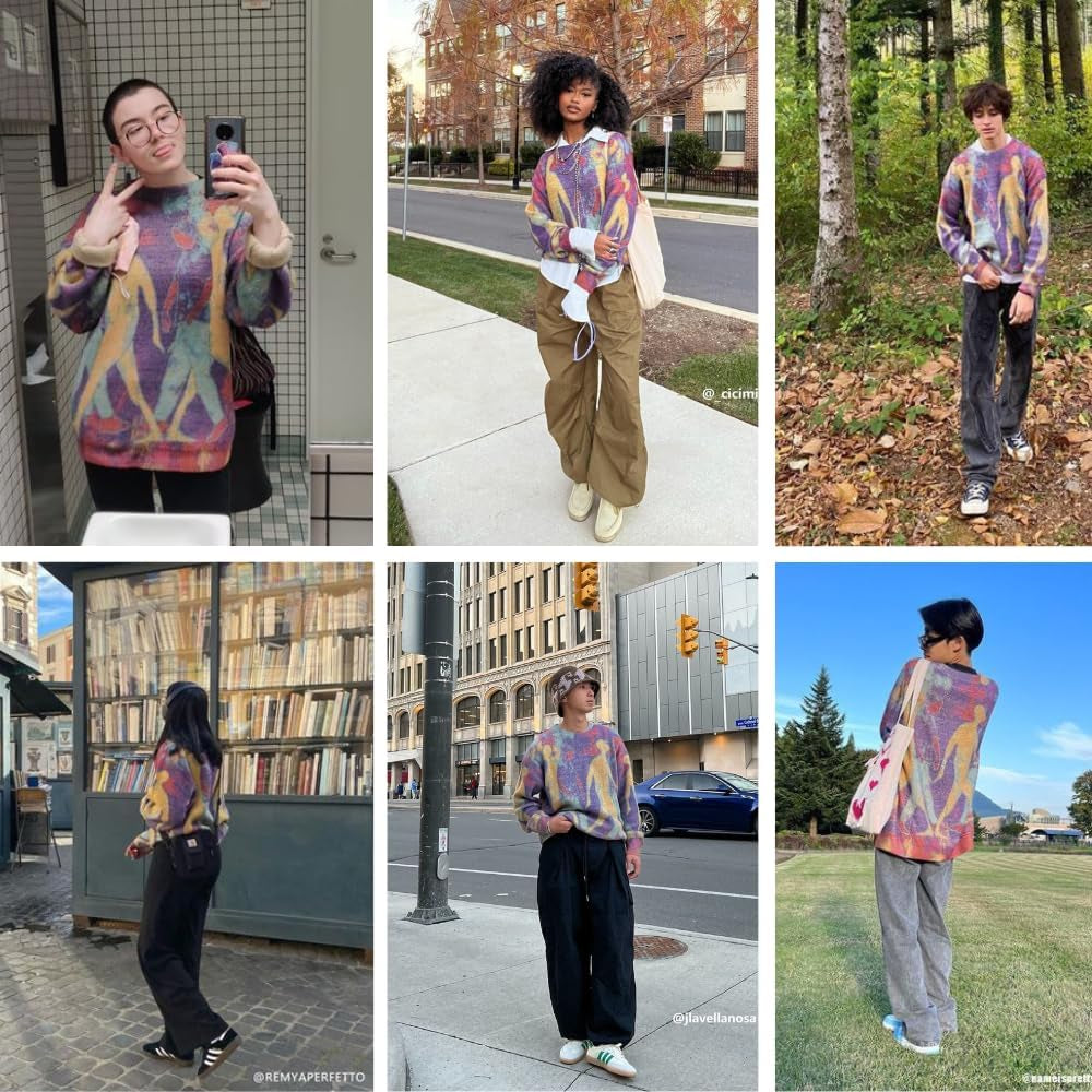 Neon Color Block Knit Sweater Casual Oversized Pullover