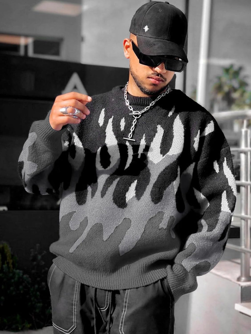 Men'S Oversized Sweater Y2K Aesthetic Flame Graphic Crewneck Knit Pullover Unisex Casual Sweaters