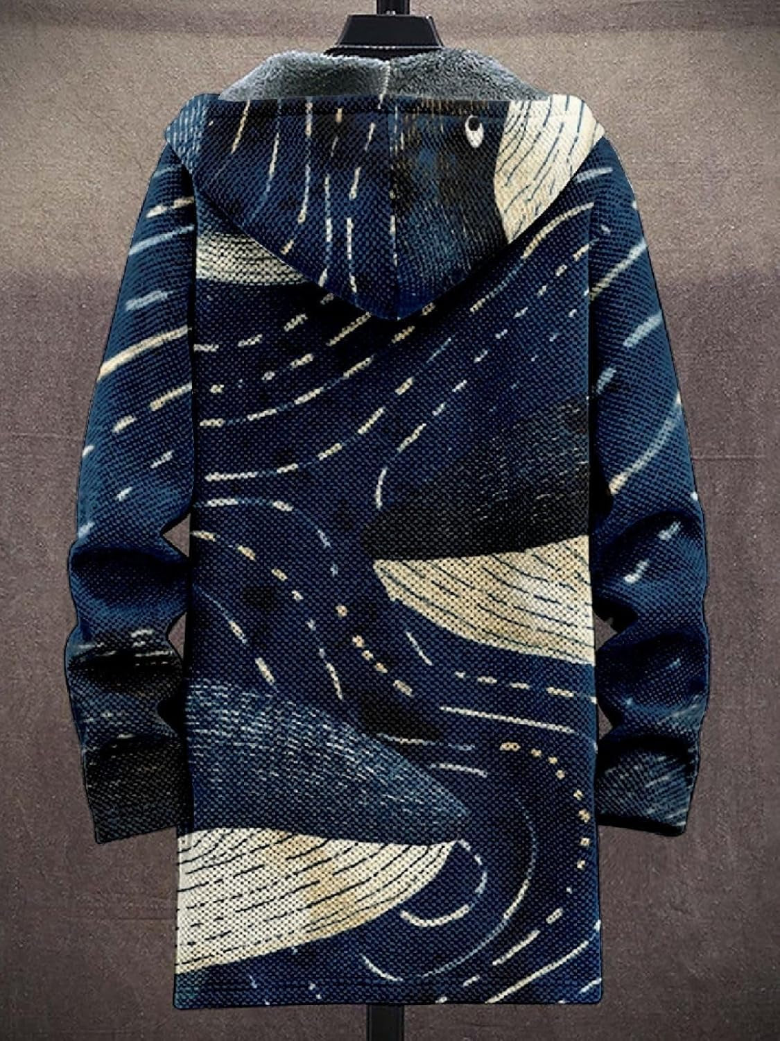 2025 Men'S Ethnic Pattern Hooded Jacket Long Cardigan Hoodies Full Zip Vintage Knitted Zipper Coat with Pocket