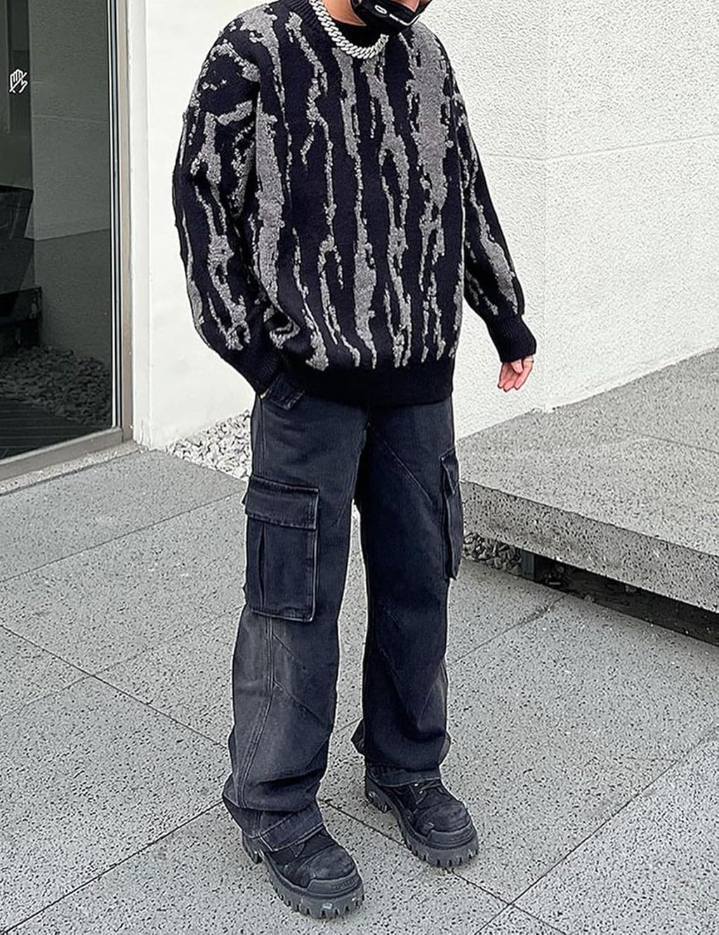 Mens Oversized Sweaters Y2K Aesthetic Flame Graphic Crewneck Knitted Casual Pullover Long Sleeve Jumpers