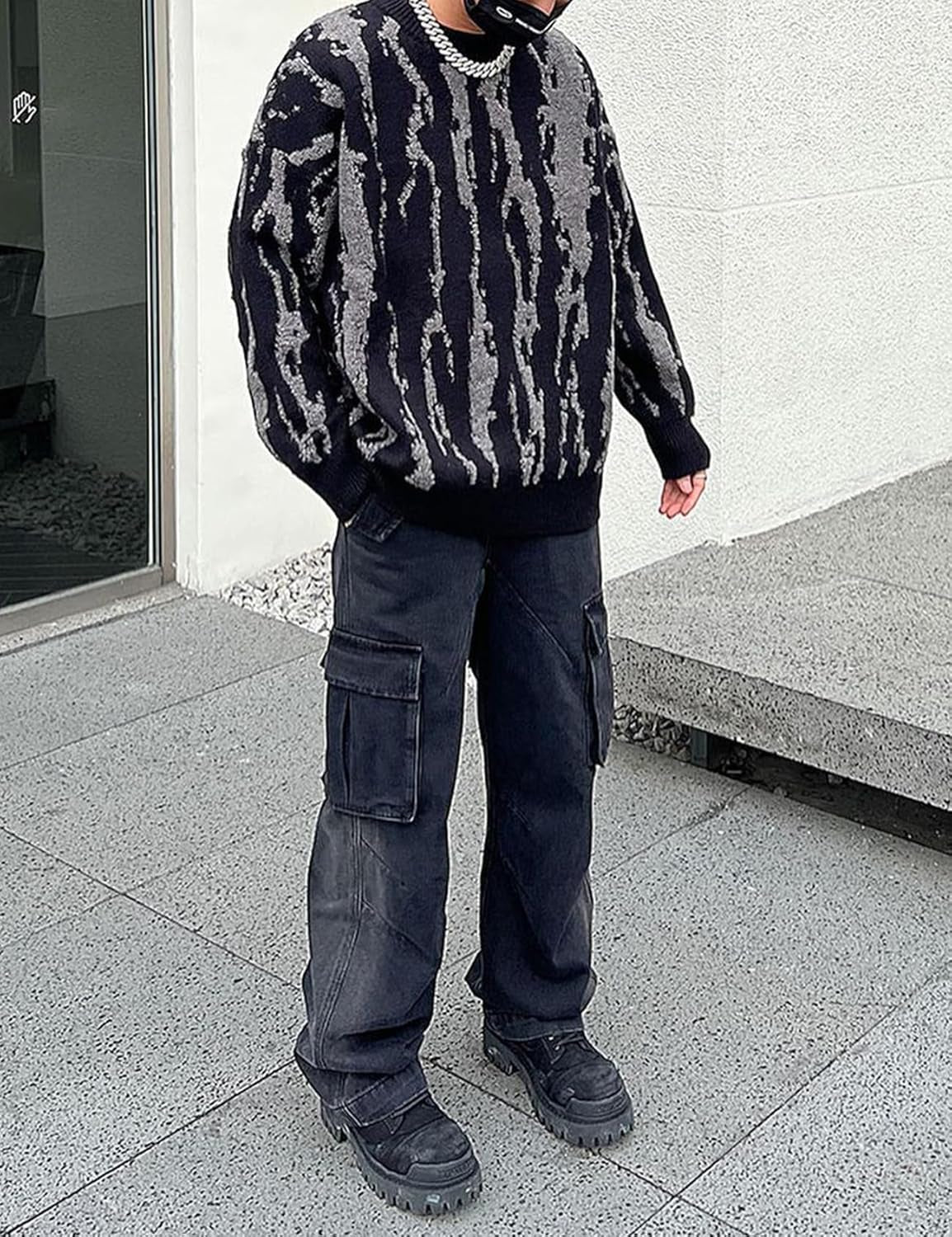 Mens Oversized Sweaters Y2K Aesthetic Flame Graphic Crewneck Knitted Casual Pullover Long Sleeve Jumpers