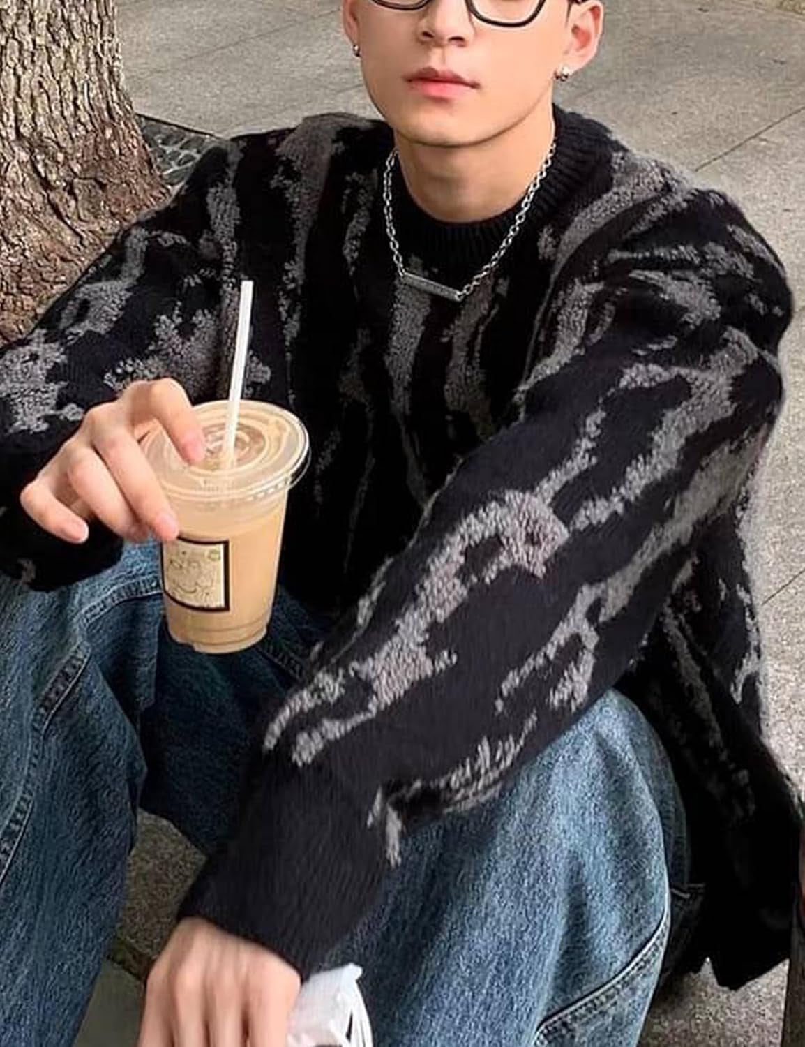 Mens Oversized Sweaters Y2K Aesthetic Flame Graphic Crewneck Knitted Casual Pullover Long Sleeve Jumpers