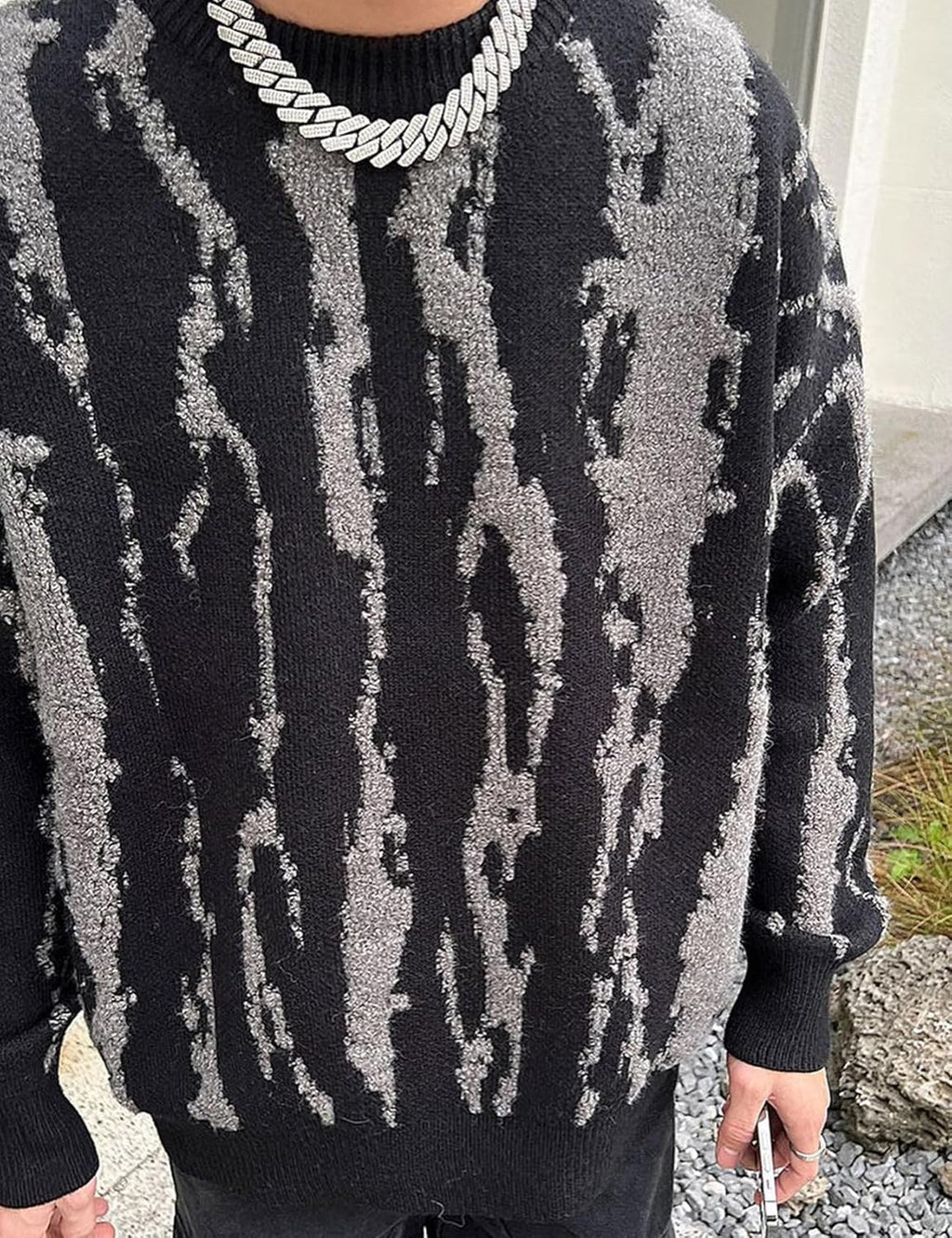 Mens Oversized Sweaters Y2K Aesthetic Flame Graphic Crewneck Knitted Casual Pullover Long Sleeve Jumpers