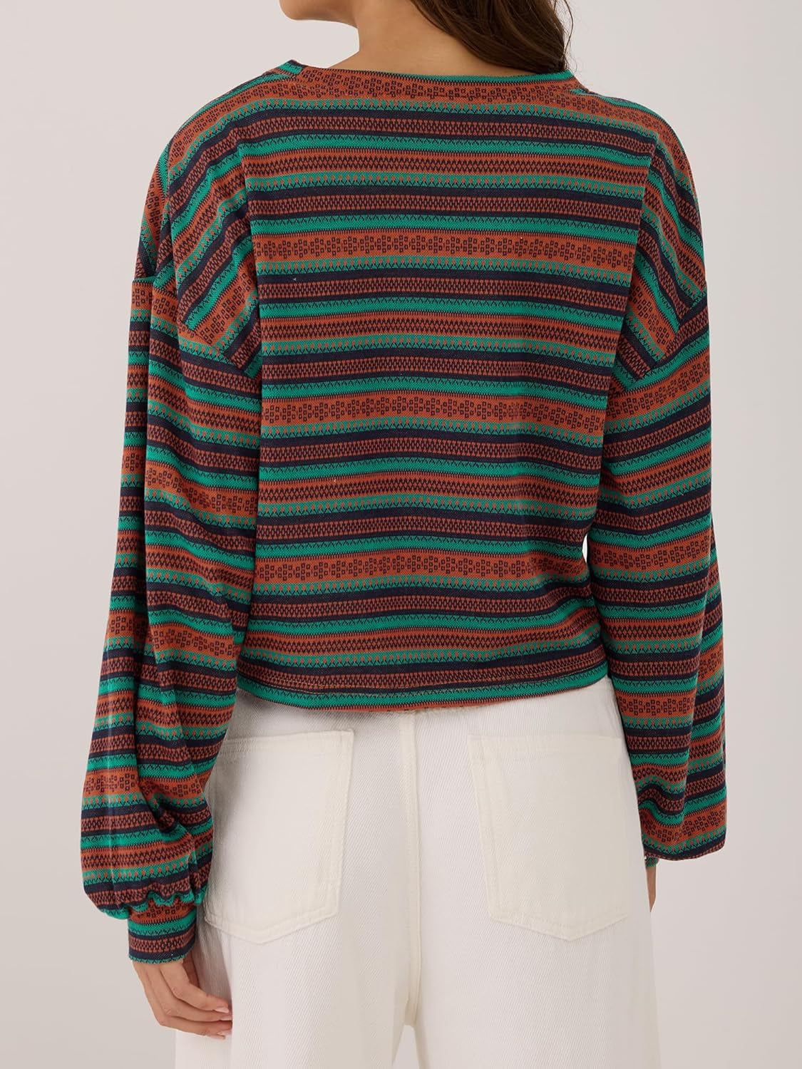 Women'S Tribal Ethnic Graphic Cropped Knitwear Bohemian Long Sleeve Pullover Sweater Boho Drop Shoulder Knitted Top