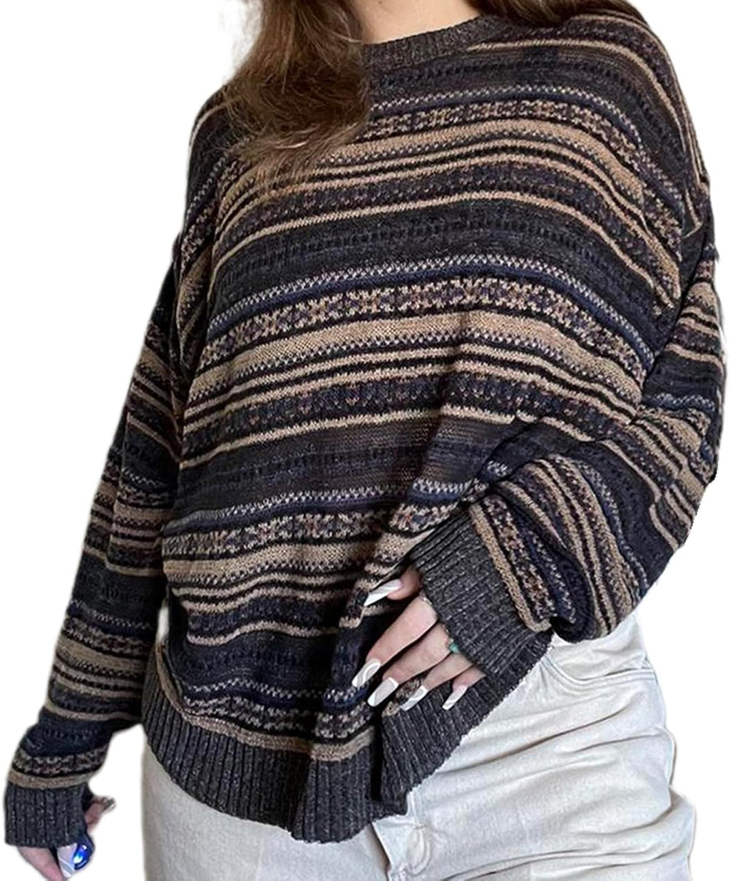 Women Vintage Striped Pullover Sweater Y2K Long Sleeve Crew Neck Loose Knit Sweaters Fall Winter Knitwear