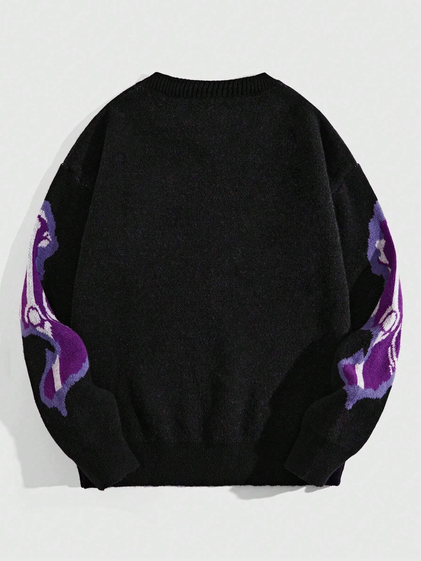 ROMWE MEN Grunge Punk Men Cross & Skeleton Pattern Pullover Sweater for Halloween, School, for Fall Winter, Grunge Style