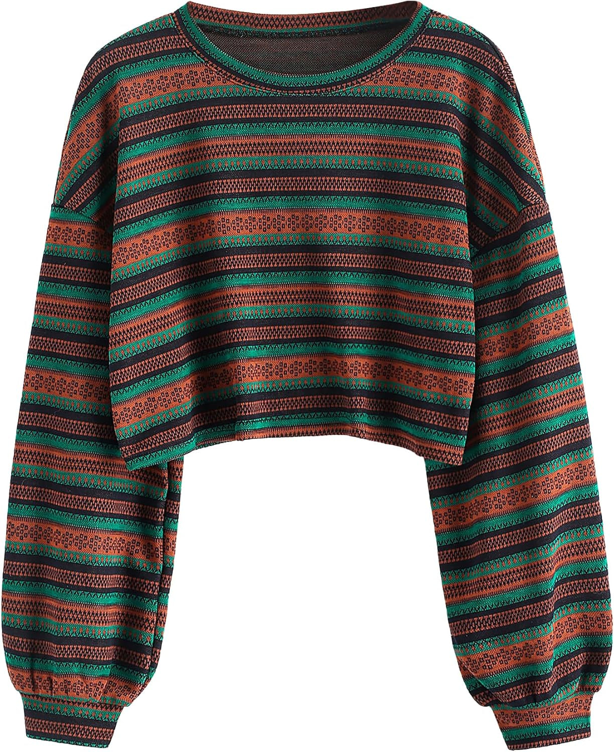 Women'S Tribal Ethnic Graphic Cropped Knitwear Bohemian Long Sleeve Pullover Sweater Boho Drop Shoulder Knitted Top