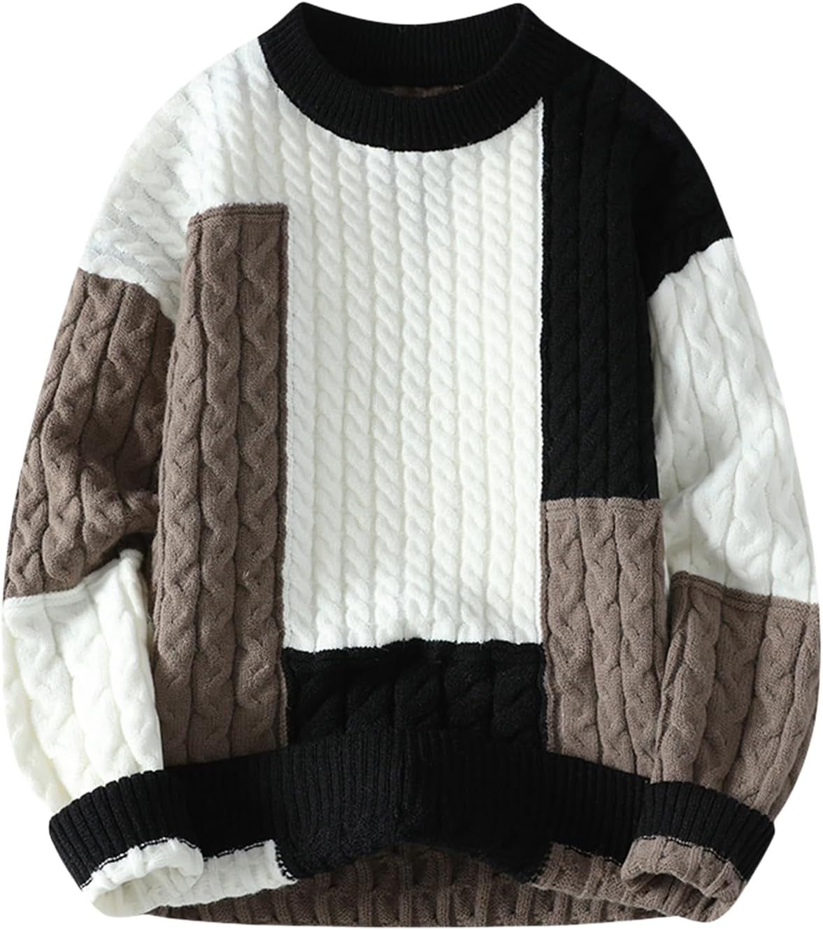 Mens Patchwork Sweater Colorblock Knit Jumper Vintage Cable Knitted Pullover Sweater